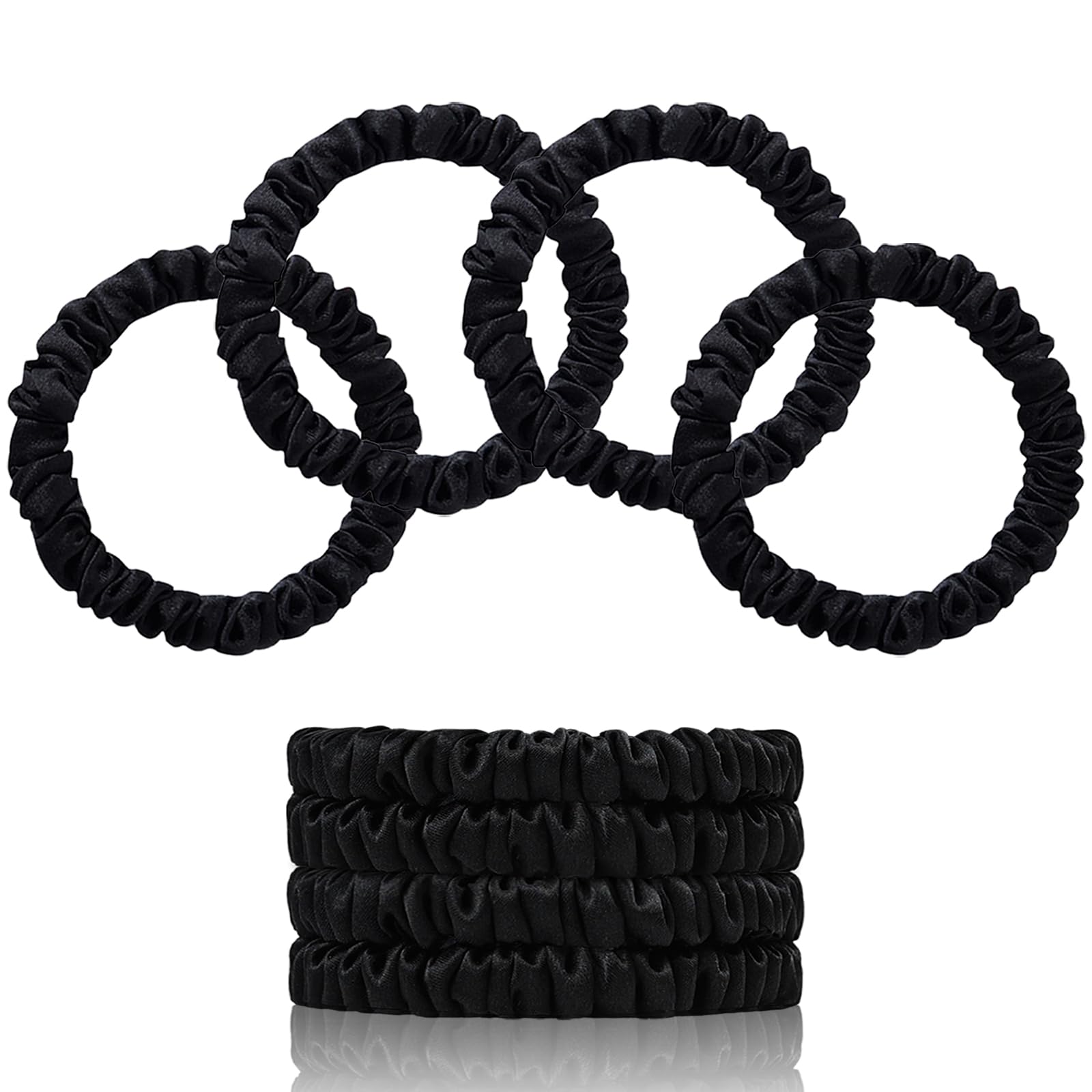 SEMRUE front packaging showing four black silk scrunchies, elegant gift-ready presentation