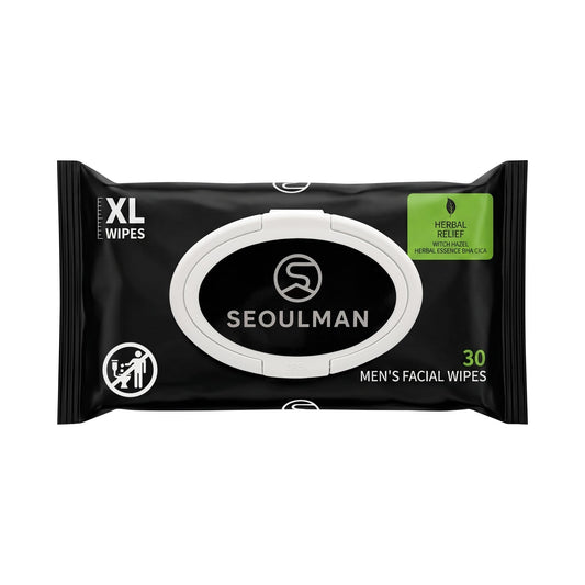 Seoulman pouch front view showing branding and benefits for quick cleansing