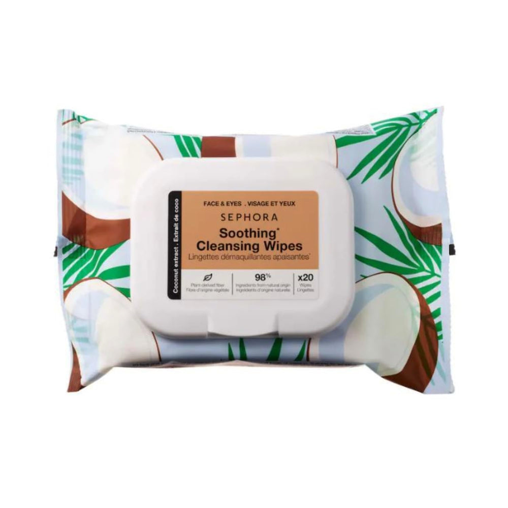 SEPHORA front pack of coconut soothing cleansing wipes showing brand and size, fast makeup removal