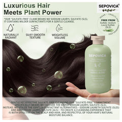 SEPOVICA shampoo being applied to wet hair for oily-root control