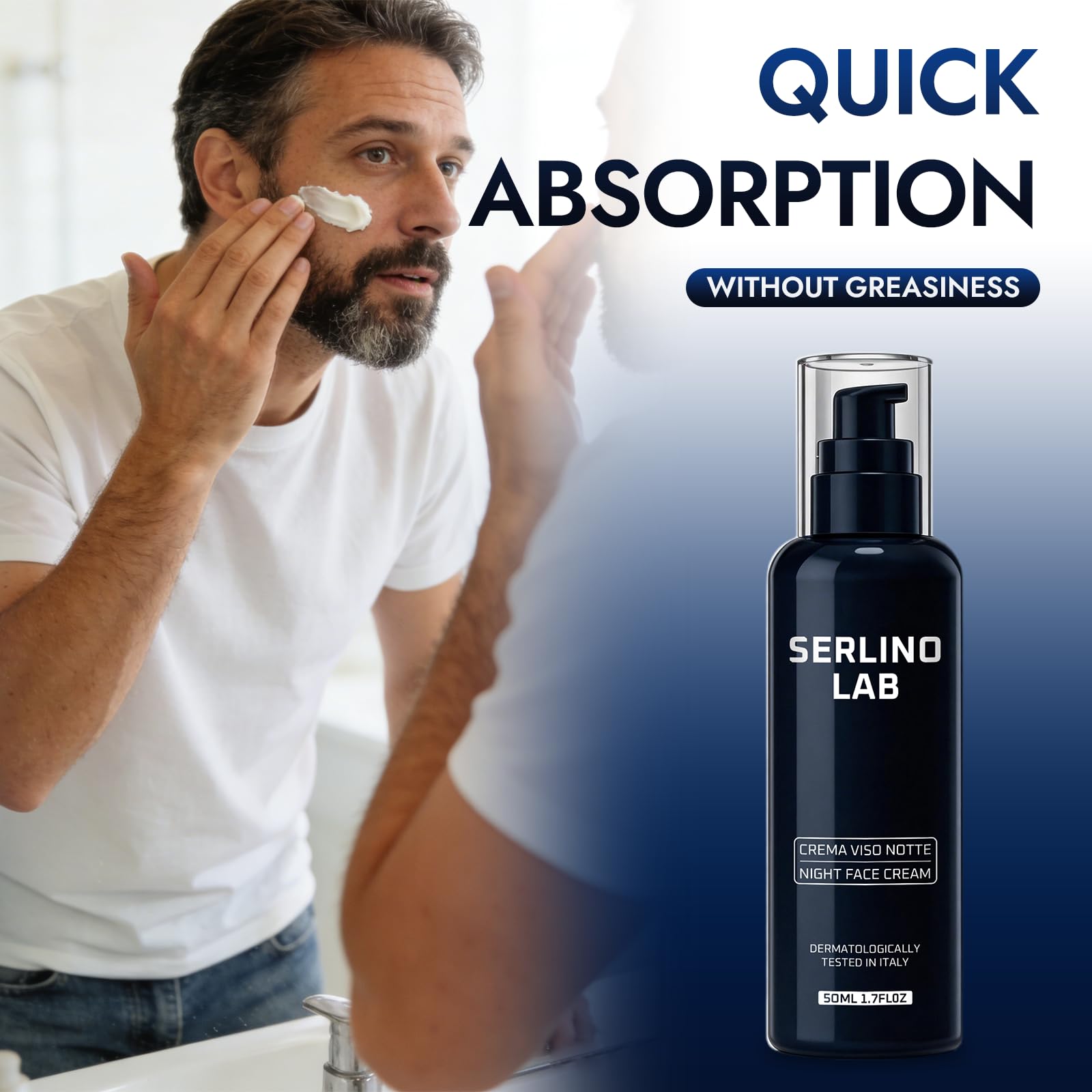 SerlinoLab cream applied to male cheek, displays smooth finish and hydrated look