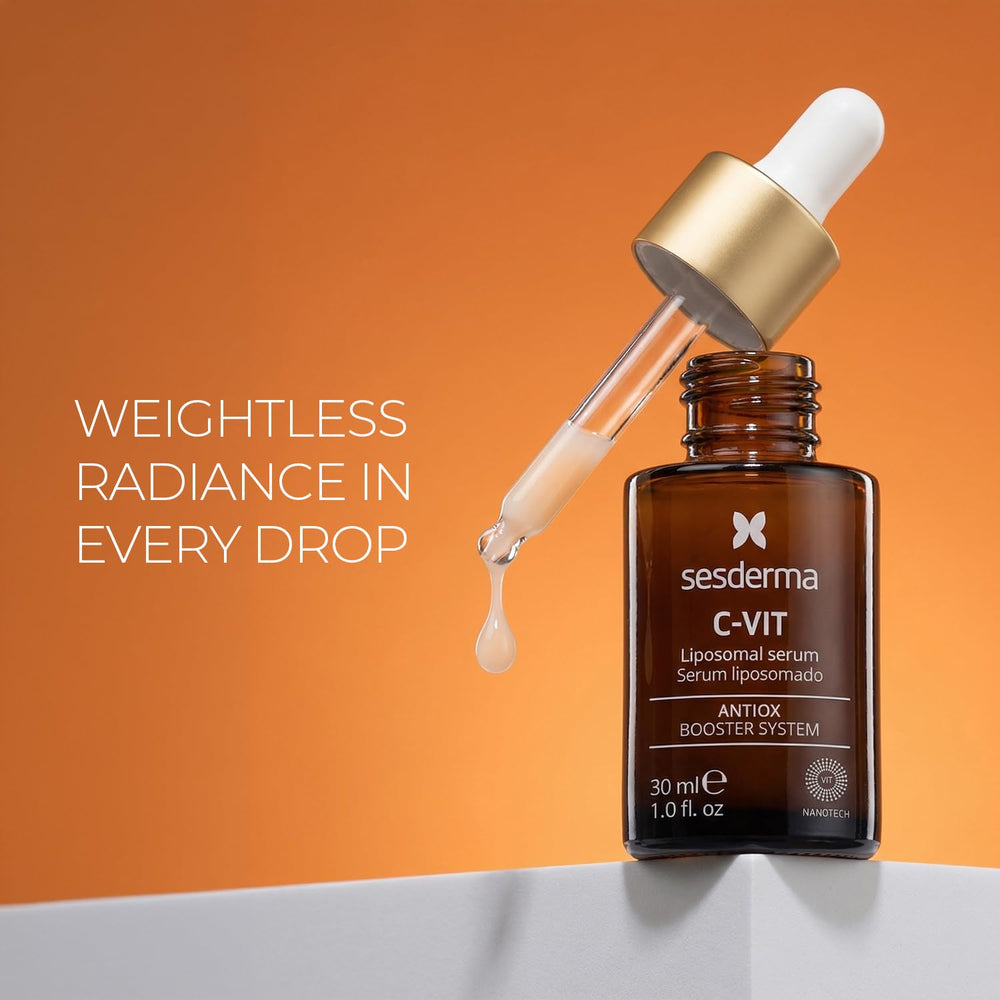 Sesderma C-VIT placed on bathroom counter in routine setting promoting daily use