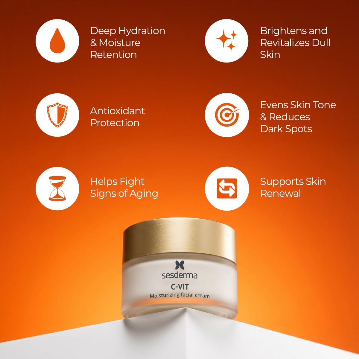 Sesderma C‑VIT on bathroom vanity lifestyle scene promoting daily routine