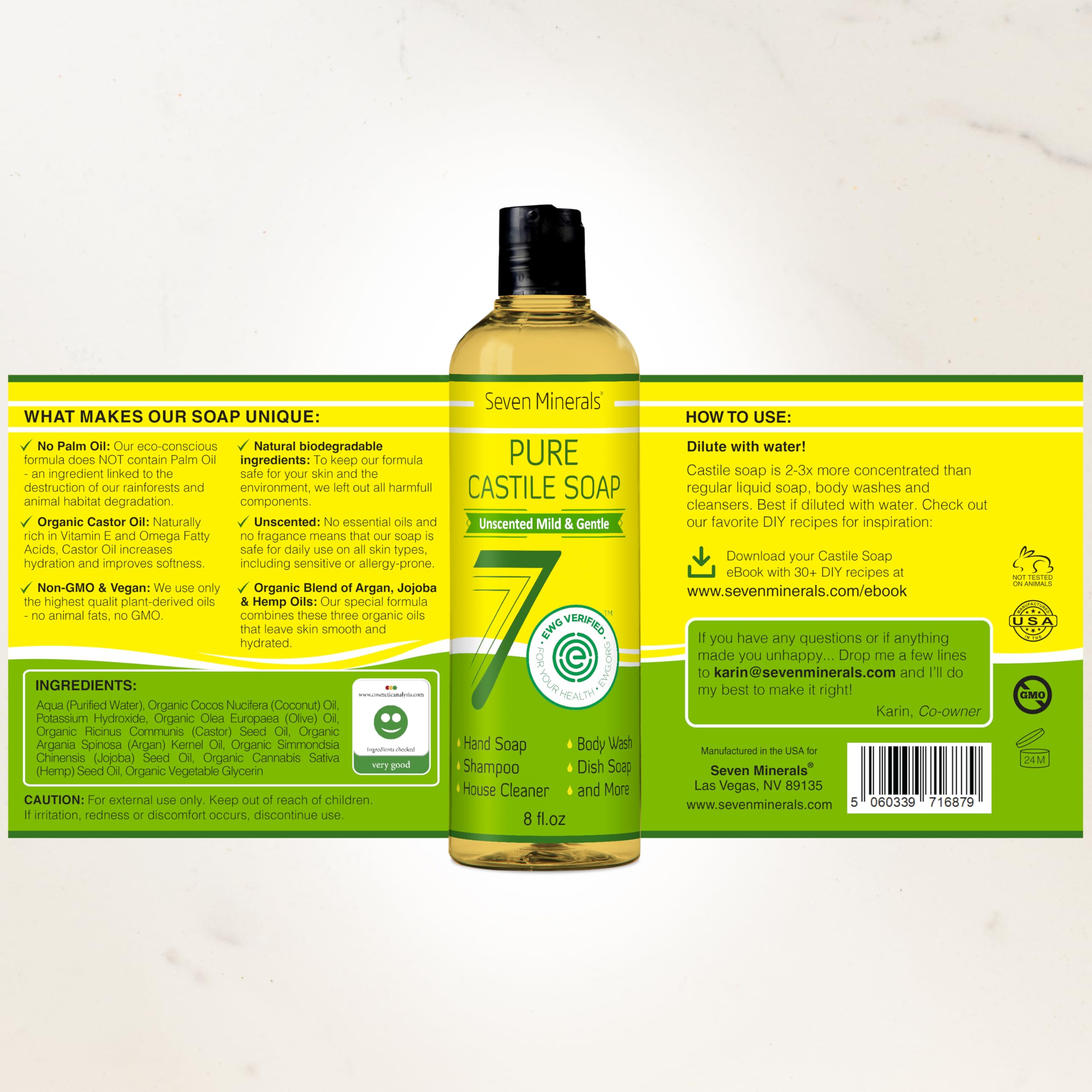 Seven Minerals bottle on bathroom shelf illustrating gentle daily use