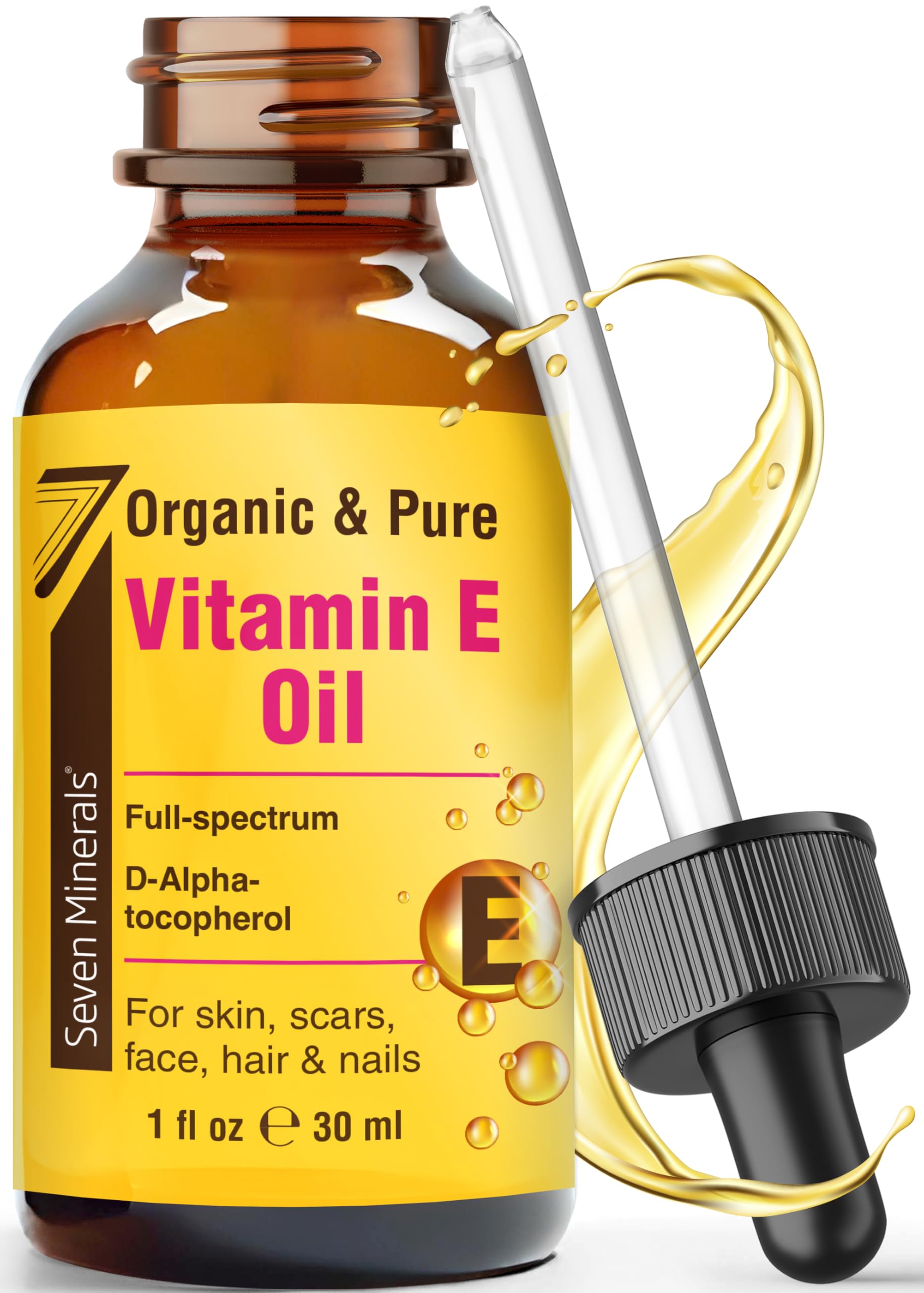 Seven Minerals front bottle view showing label and organic vitamin E benefits