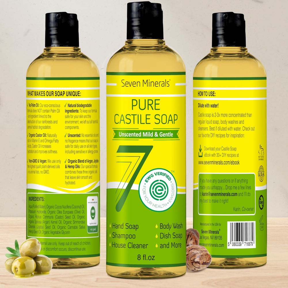 Seven Minerals pouring clear liquid soap close-up highlighting gentle texture
