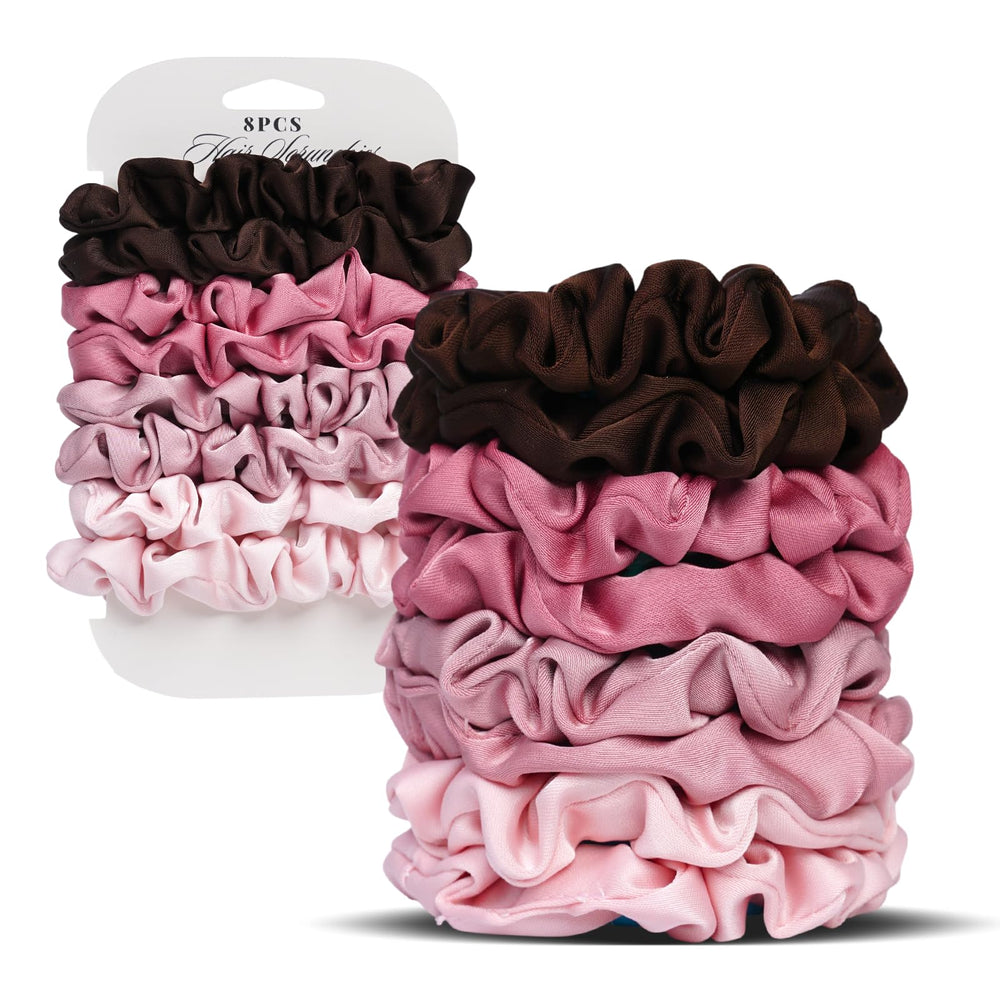 SEVEN STYLE front packaging showing eight blush satin scrunchies, sleek gifting