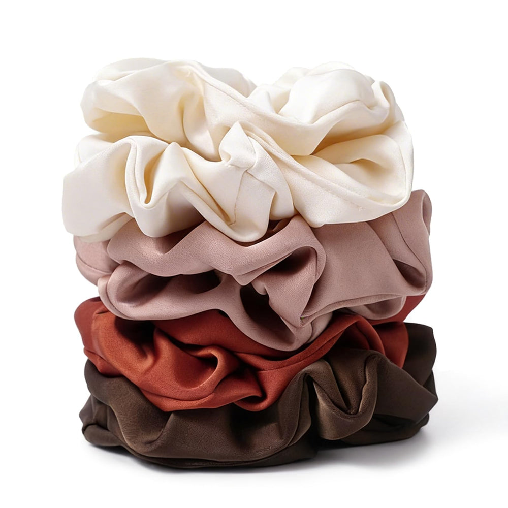 SEVEN STYLE front view of earth tone scrunchies showing variety and warm palette benefit