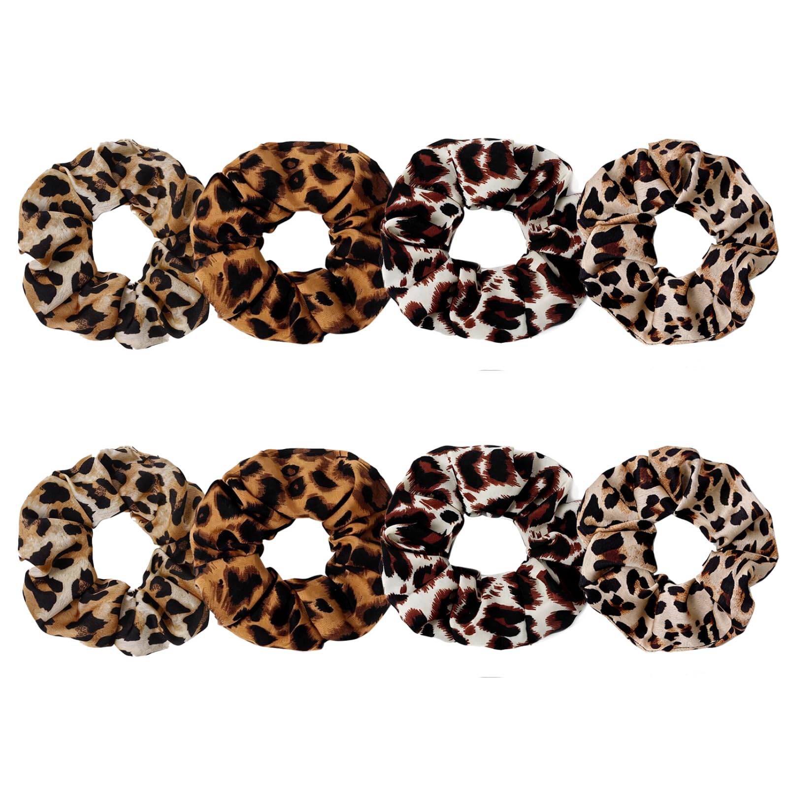 SEVEN STYLE front packaging showing eight leopard satin scrunchies, keeps hair stylish