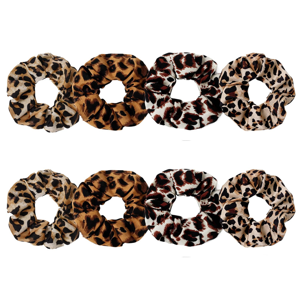 SEVEN STYLE front packaging showing eight leopard satin scrunchies, keeps hair stylish