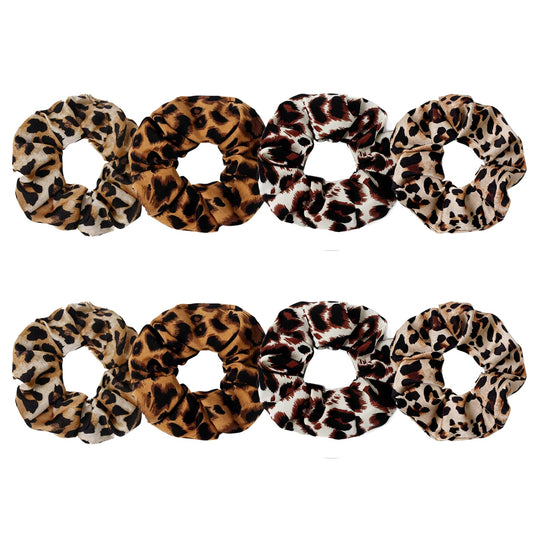SEVEN STYLE front packaging showing eight leopard satin scrunchies, keeps hair stylish