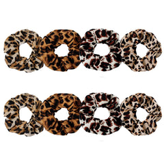 SEVEN STYLE front packaging showing eight leopard satin scrunchies, keeps hair stylish