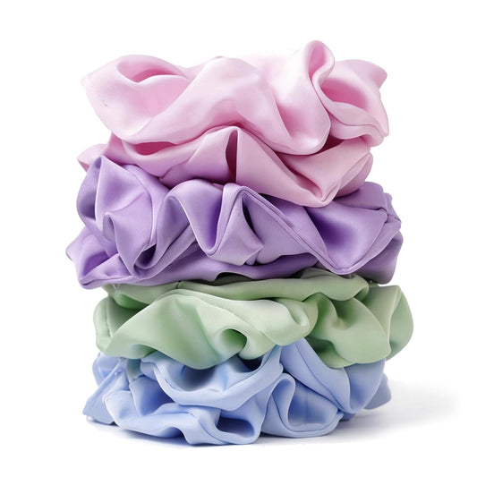 SEVEN STYLE front view of pastel scrunchies showing colors and packaging benefits