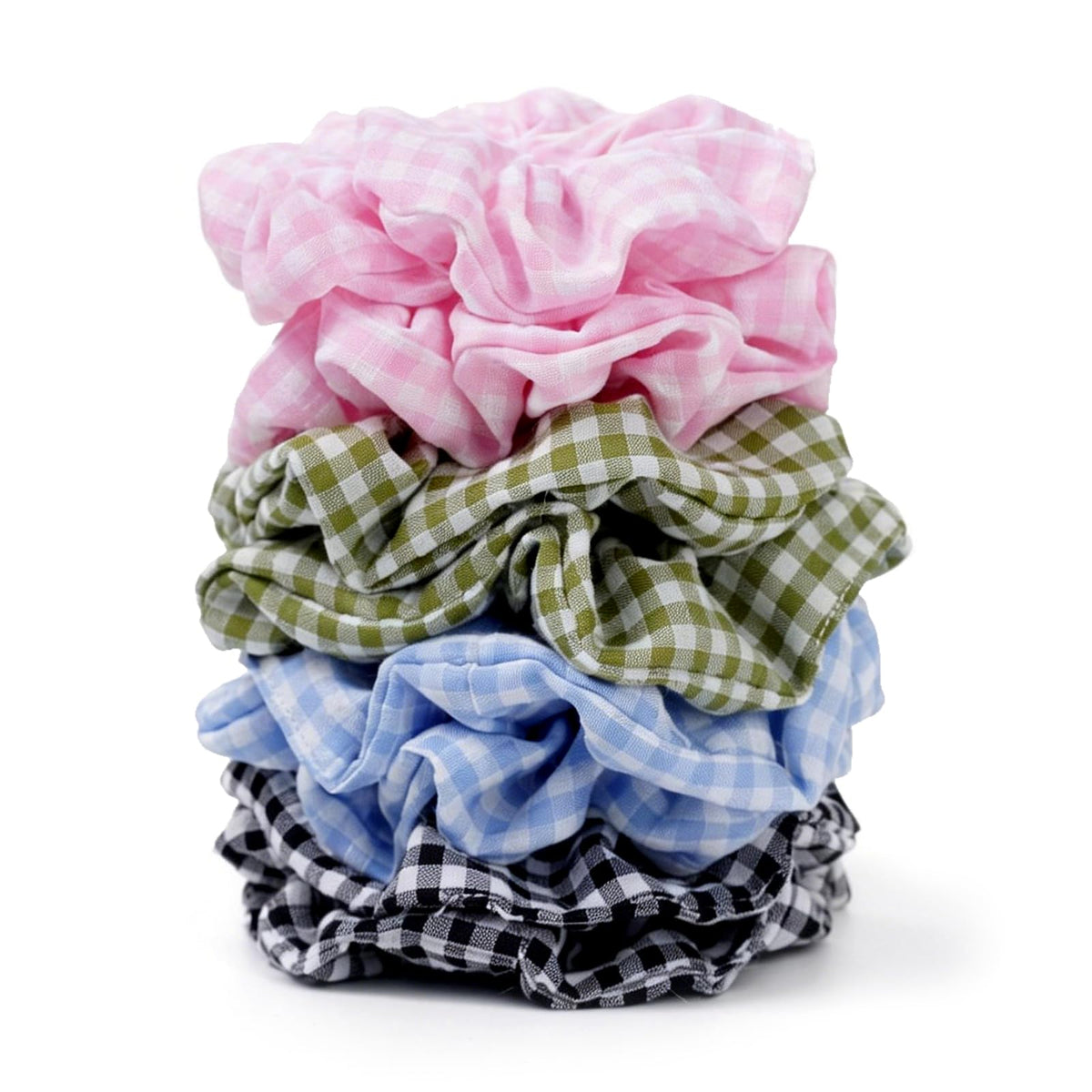 SEVEN STYLE front view of eight plaid satin scrunchies shows variety and gift appeal