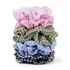 SEVEN STYLE front view of eight plaid satin scrunchies shows variety and gift appeal