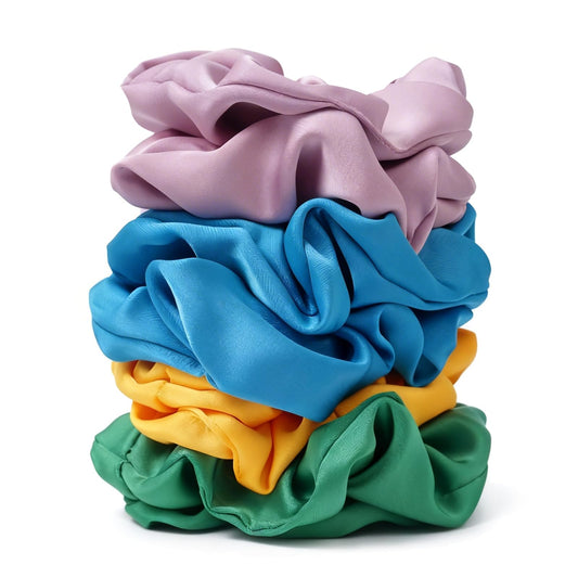 SEVEN STYLE front packaging showing 8 vibrant satin scrunchies, bold color benefit