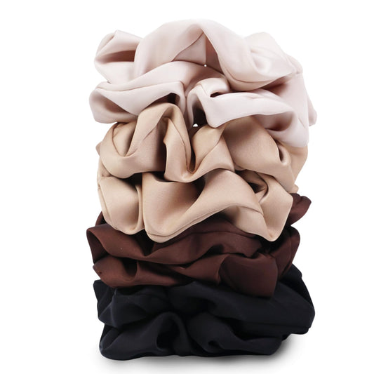 SEVEN STYLE front packaging showing four neutral satin scrunchies and gift-ready look