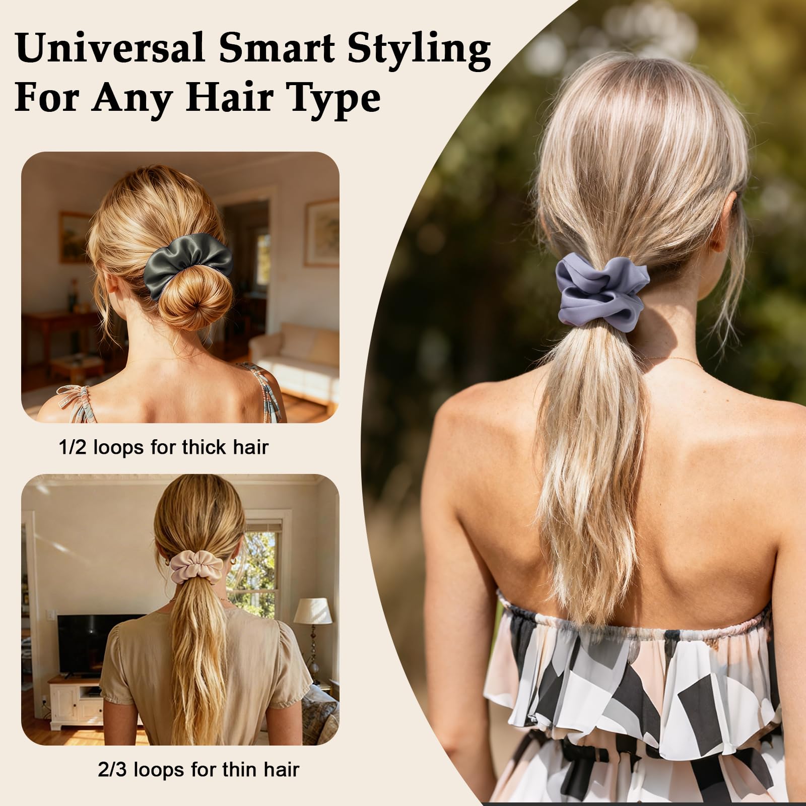 SEVEN STYLE scrunchie securing a ponytail, gentle hold without creases