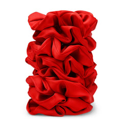 SEVEN STYLE packaging showing eight red satin scrunchies, stylish presentation benefit