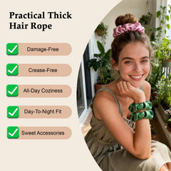 SEVEN STYLE scrunchie stretched to show elastic strength and gentle hold for hair