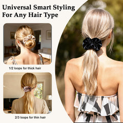 SEVEN STYLE single scrunchie stretched to show elastic flexibility and secure grip benefit
