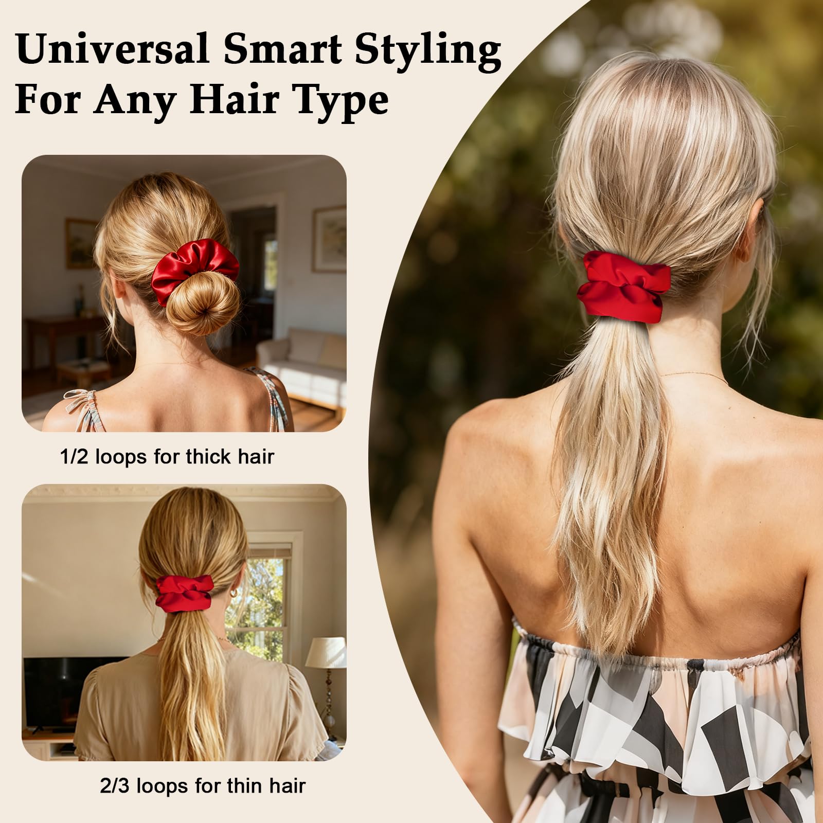 model wearing SEVEN STYLE red scrunchie in ponytail, polished look benefit