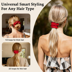 model wearing SEVEN STYLE red scrunchie in ponytail, polished look benefit