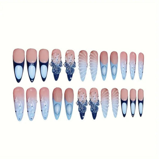 Sevgob close-up of blue French tip almond nails highlighting glossy finish and color pop