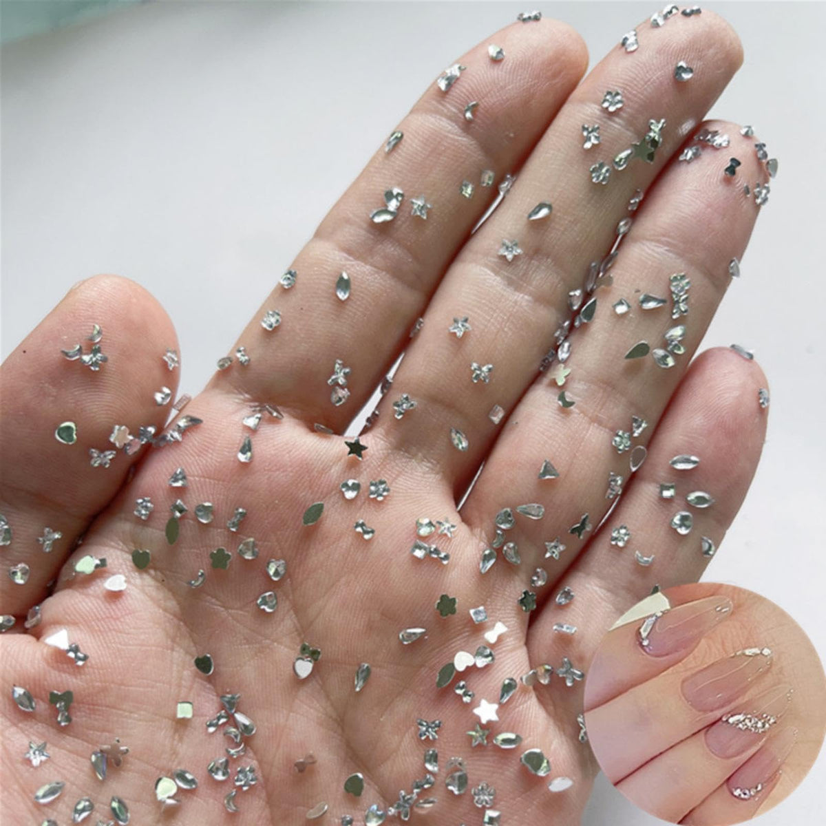 Sevgob front packaging showing 1000-piece mixed silver rhinestones set, convenient storage