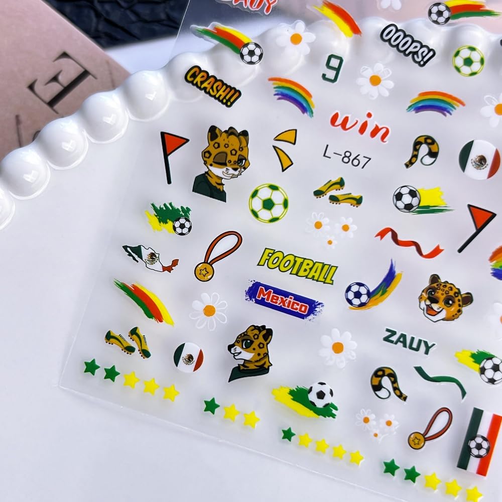 Sevgob front packaging showing six colorful world cup nail sticker sheets and clear branding benefits