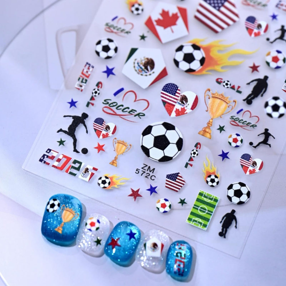 Sevgob front sheet view showing colorful soccer trophy and flag decals for quick manicures