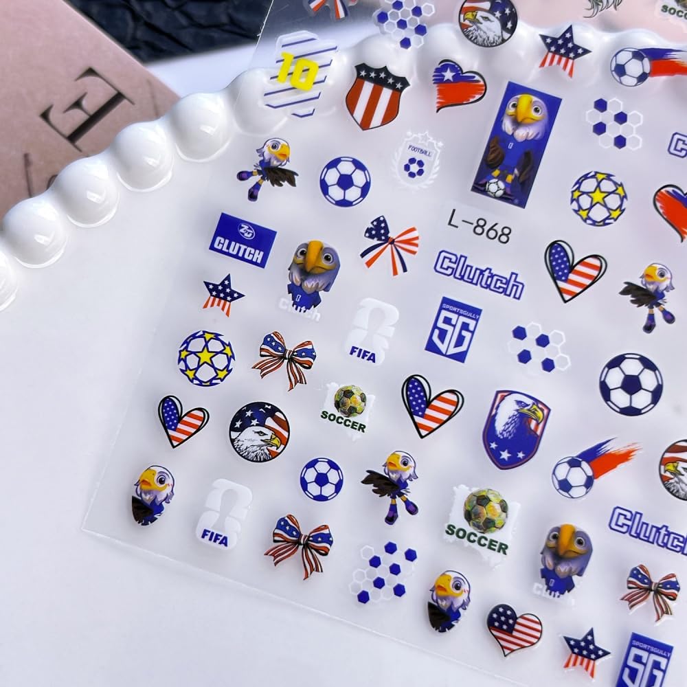 Sevgob stickers applied on nails displaying soccer-themed manicure and vibrant match-day style