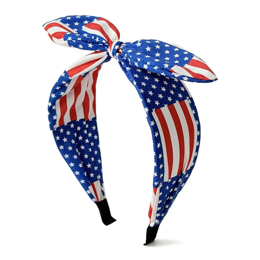 SEVSOASEVK front view headband showing patriotic bow and comfortable fit