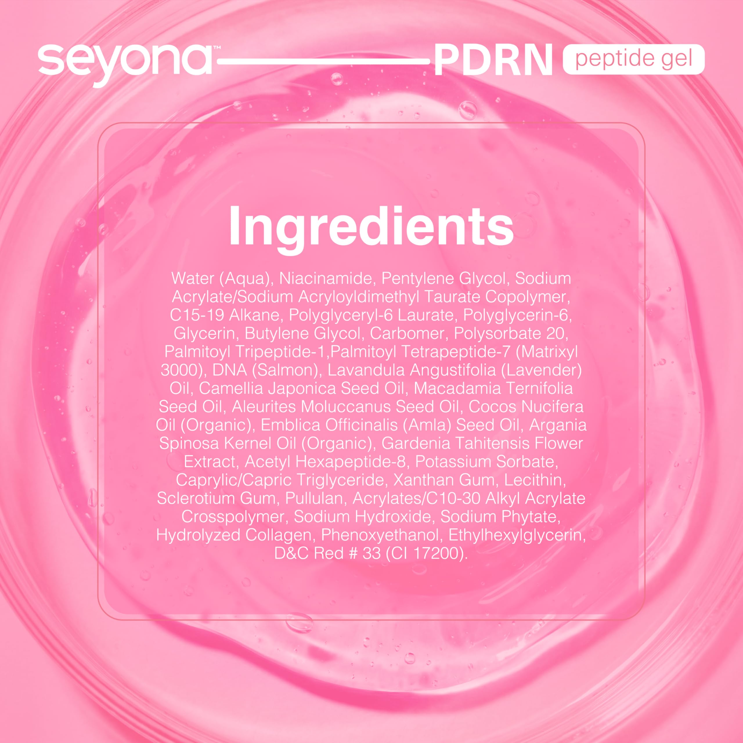 Close-up graphic of PDRN element on Seyona label explaining peptide support benefit