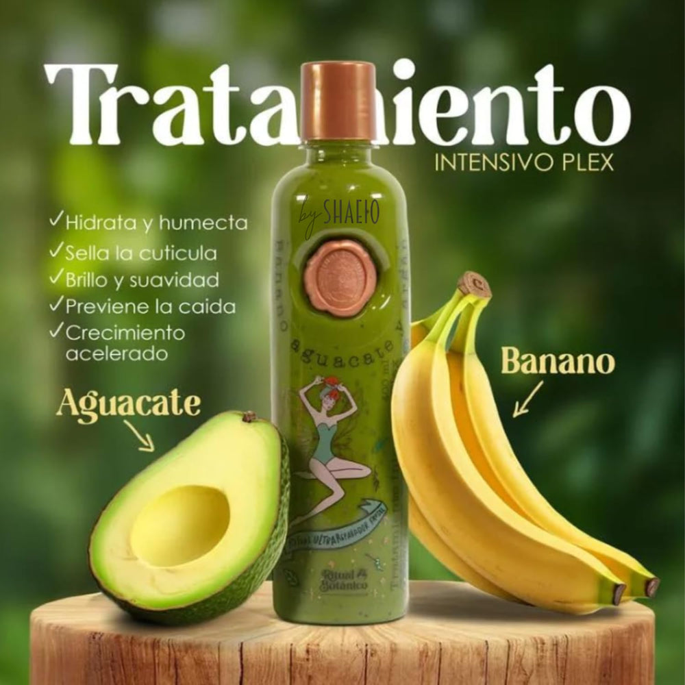 SHAEIO PLEX conditioner jar with banana and avocado imagery for deep repair
