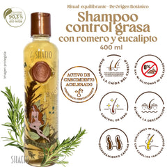 SHAEIO rosemary shampoo label close-up highlighting growth support