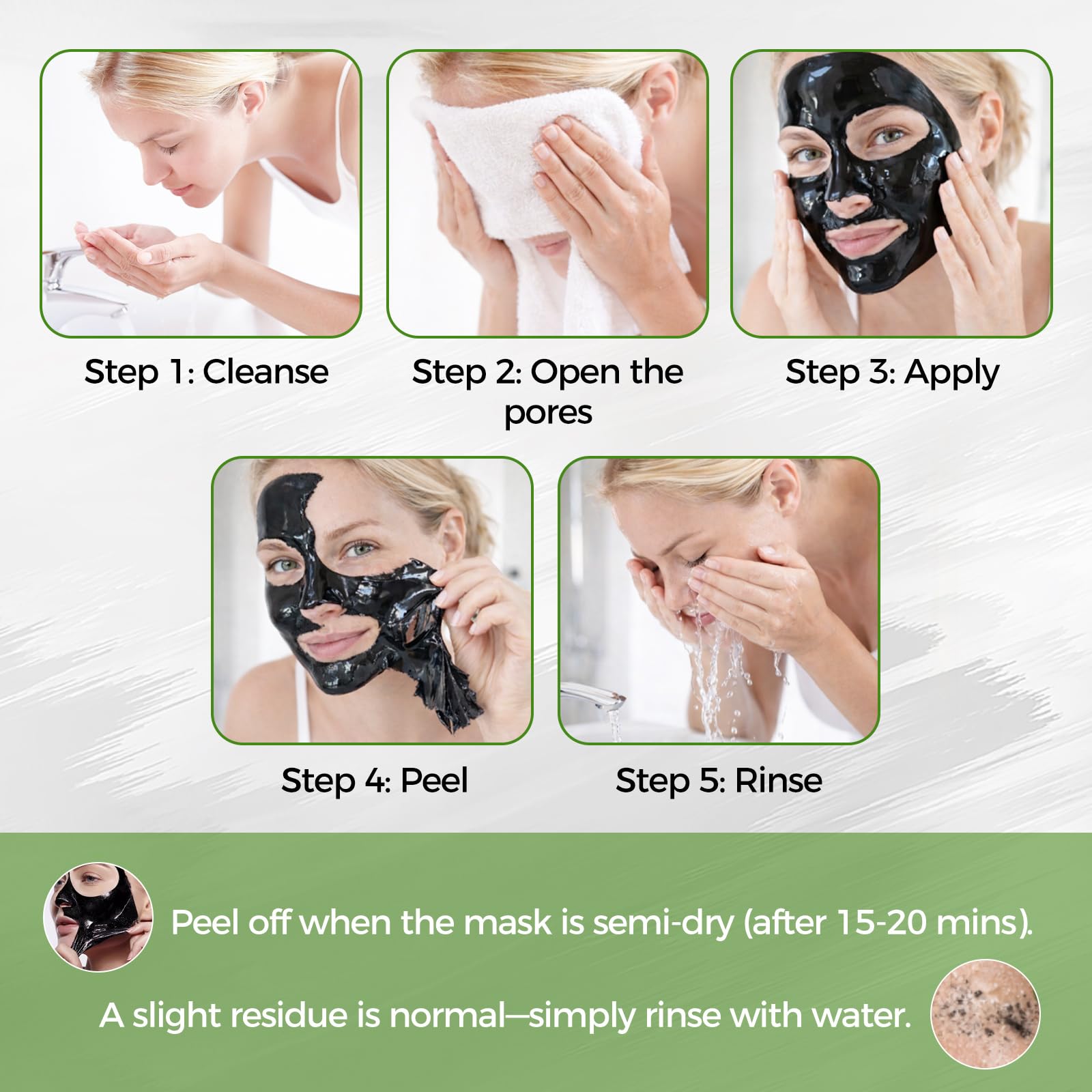 Shaeva peeling action detail showing mask lifted from skin to reveal cleaner pores