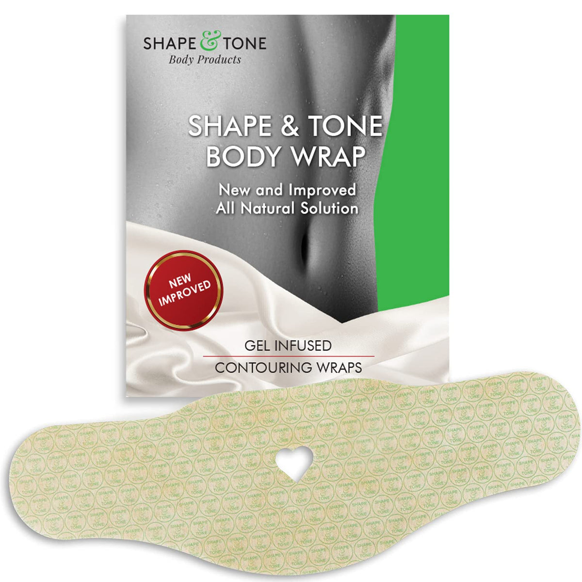 Shape and Tone front packaging showing five body wraps and product benefit
