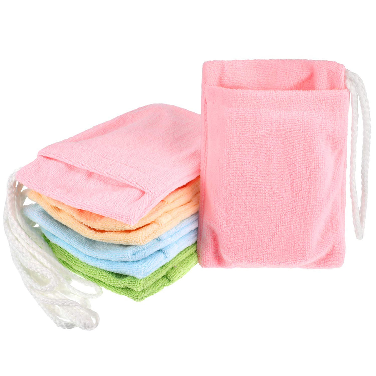Shappy front view of 8-piece colorful soap saver set, organized and convenient