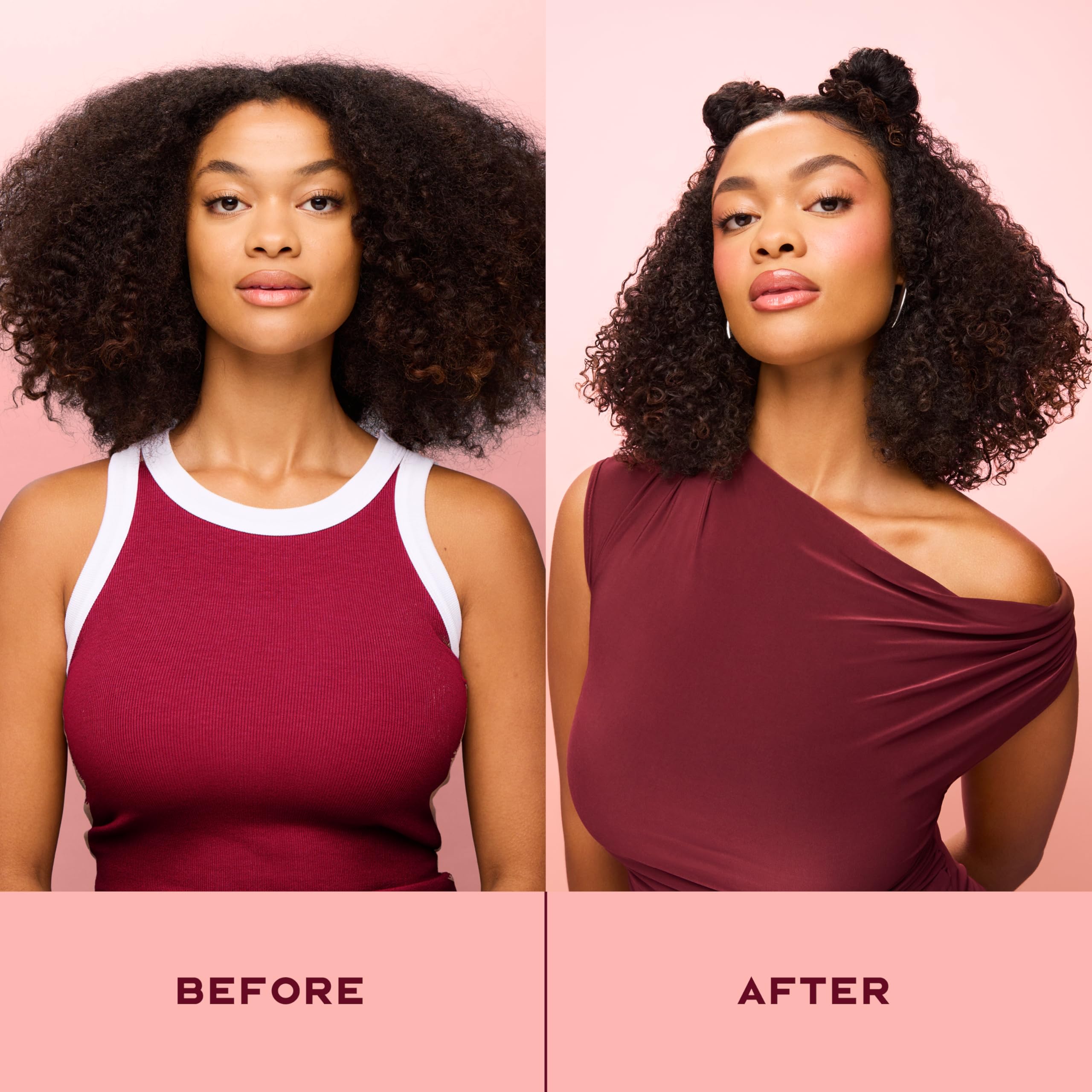 Shea Moisture before and after hair comparison illustrating added shine and softer strands benefit