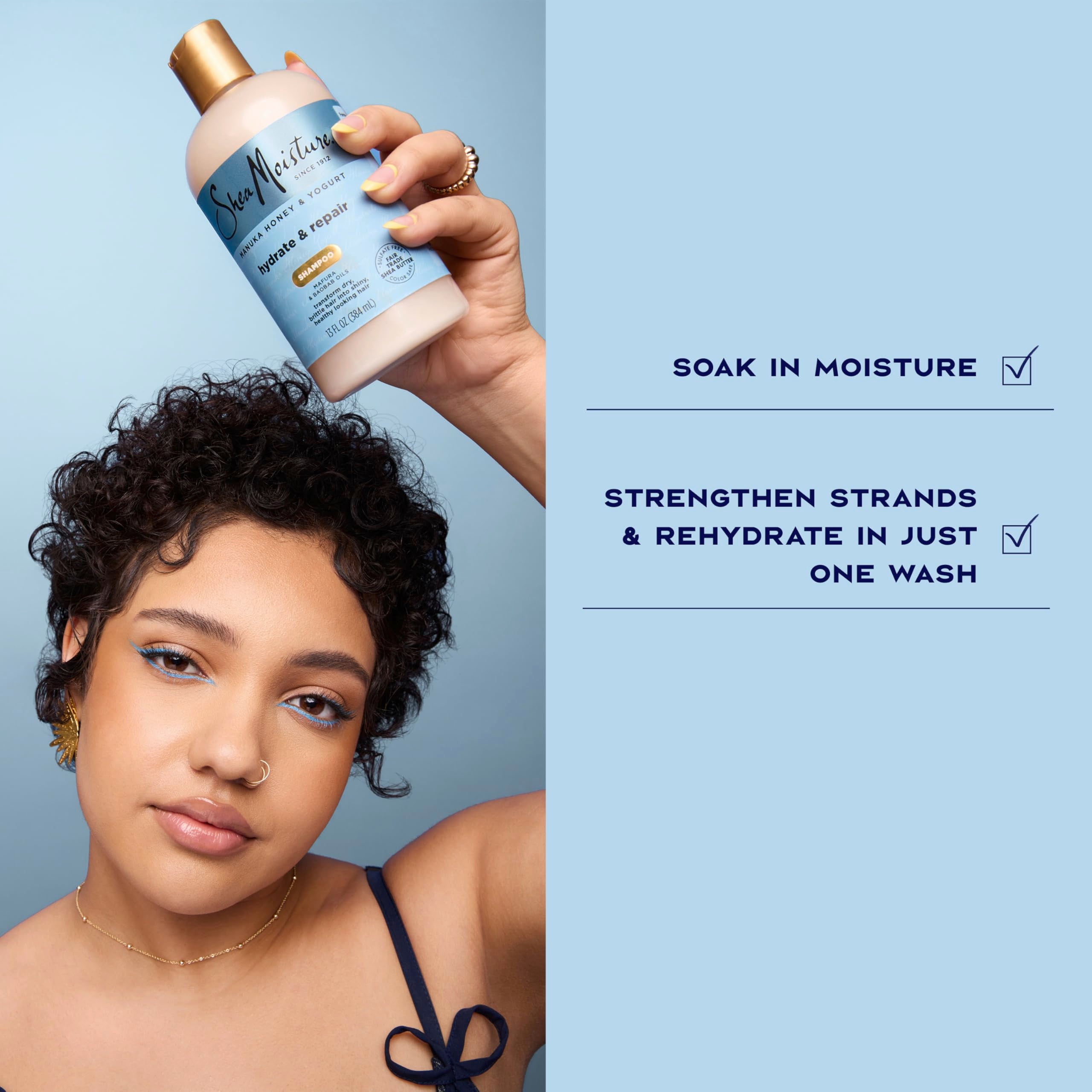Shea Moisture bottle staged in bathroom to show everyday use benefit