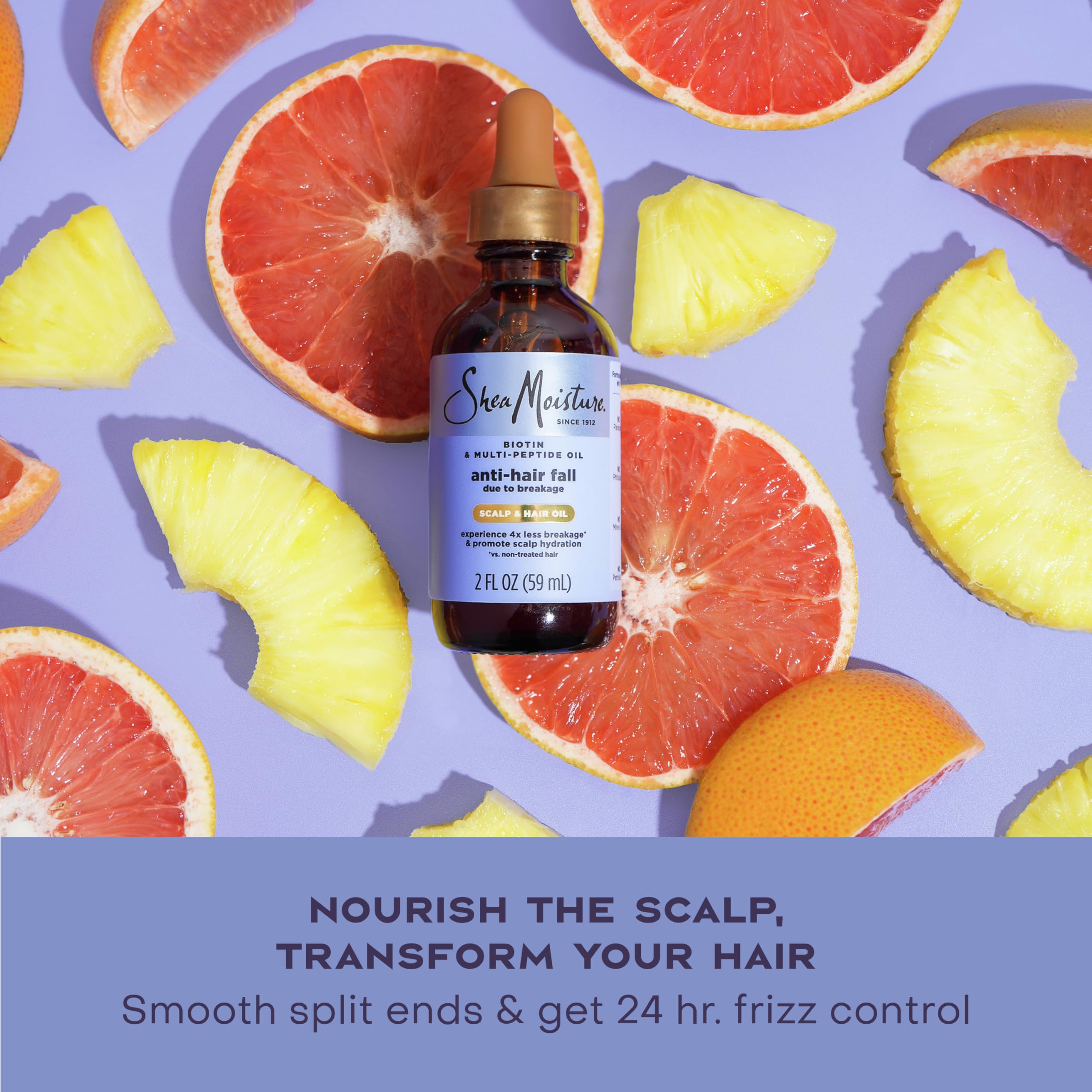 Shea Moisture bottle among biotin and peptide ingredient visuals