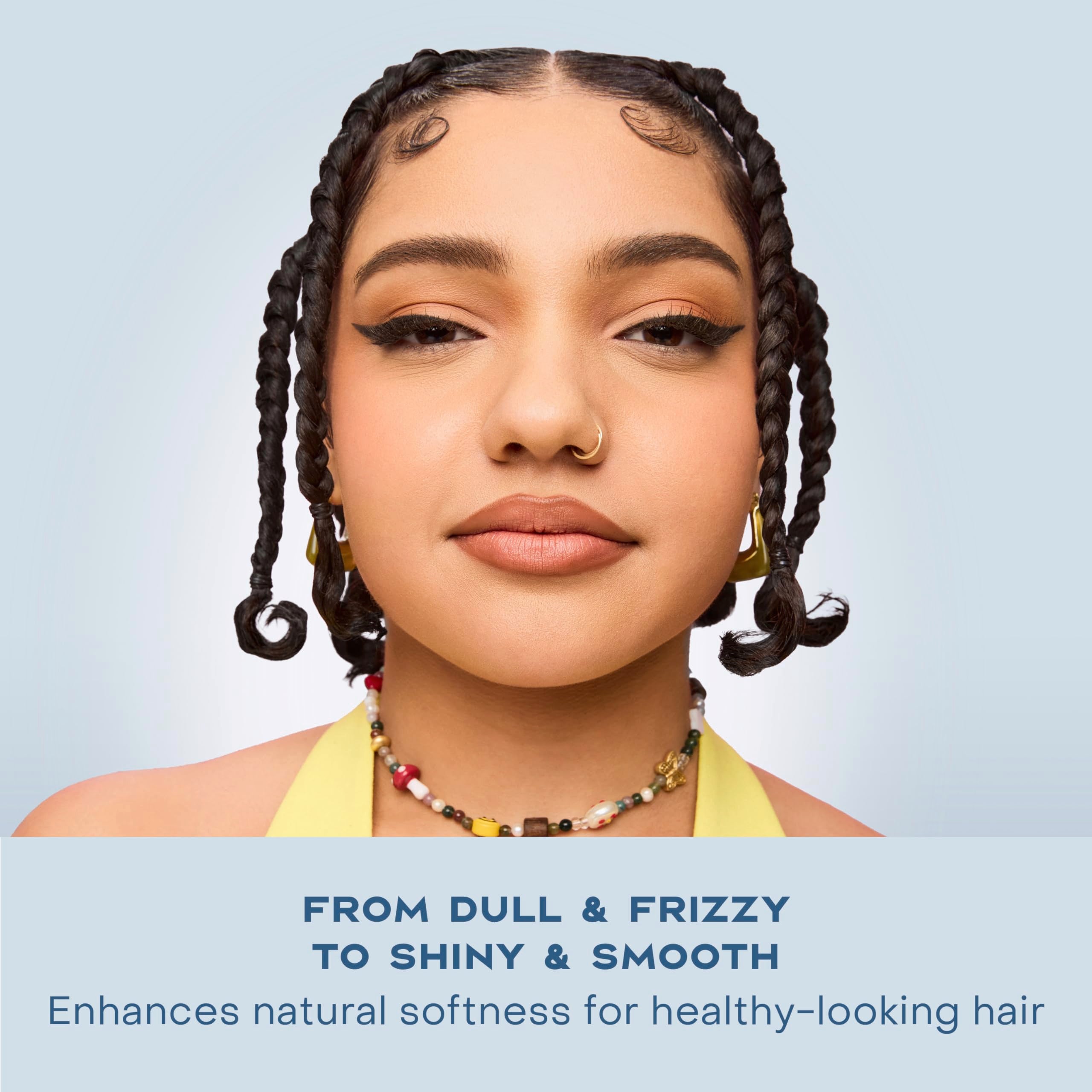 Shea Moisture bottle beside shampoo showing size and pairing recommendation benefit