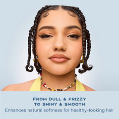Shea Moisture bottle beside shampoo showing size and pairing recommendation benefit