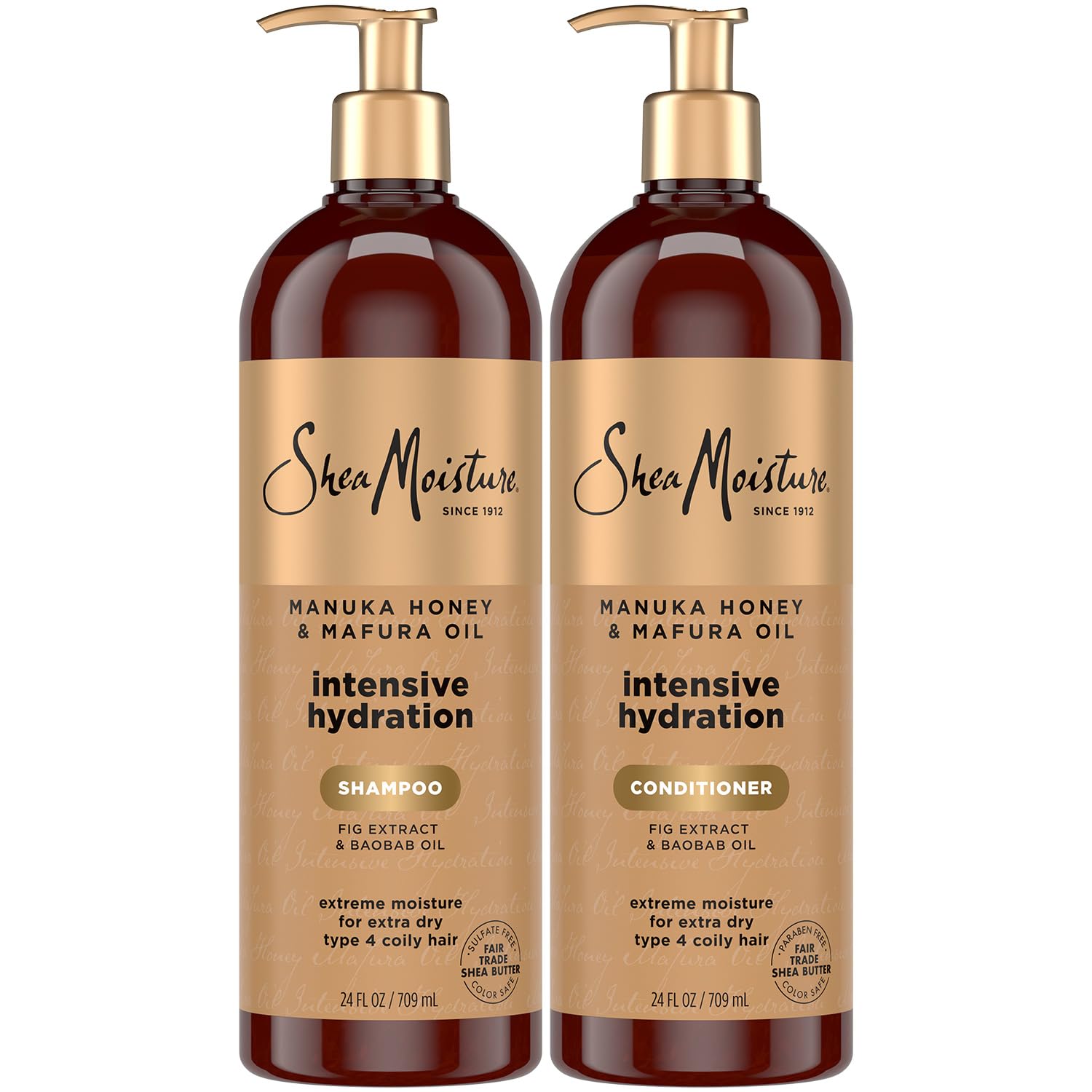 Shea Moisture front packaging showing shampoo and conditioner, indicates generous 24 oz size