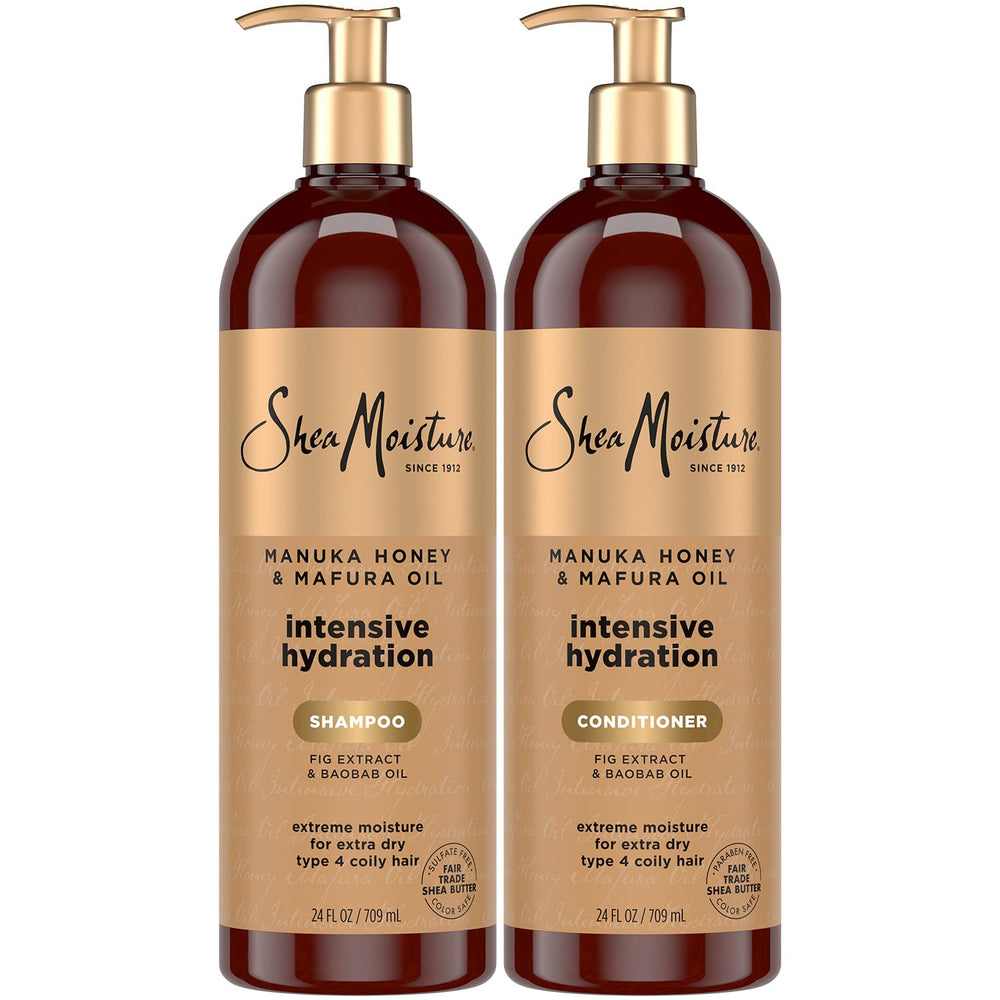 Shea Moisture front packaging showing shampoo and conditioner, indicates generous 24 oz size