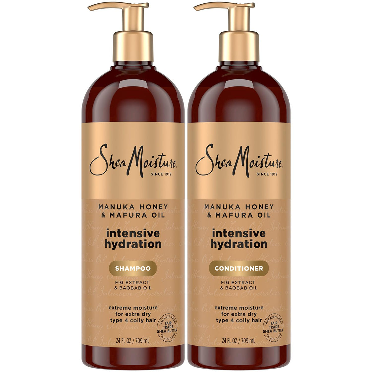 Shea Moisture front packaging showing shampoo and conditioner, indicates generous 24 oz size