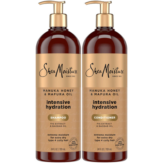 Shea Moisture front packaging showing shampoo and conditioner, indicates generous 24 oz size