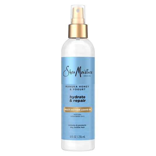 Shea Moisture front packaging showing repair benefits and lightweight spray