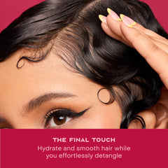 Shea Moisture before and after hair smoothing, highlights reduced frizz and shine